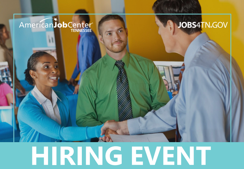 Three people greeting each other at a hiring event